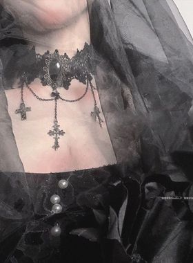 暗黑风万圣节复古宫廷蕾丝十字架洛丽塔颈链流苏锁骨链项链choker