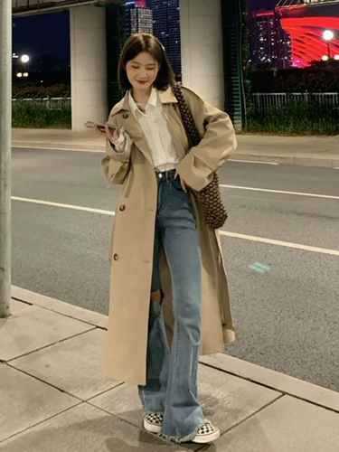 Плащ, осенняя хаки длинная куртка, подходит для подростков, средней длины, премиум класс