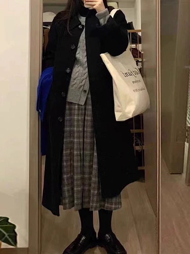 Черное шерстяное пальто, куртка, демисезонный длинный пуховик, увеличенная толщина, изысканный стиль, 2025 года, средней длины, подходит для подростков