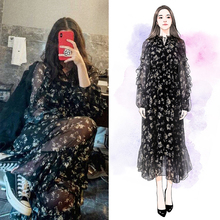 2019春秋过膝印花裙子潮 长袖 欧阳娜娜同款 黑色碎花雪纺连衣裙薄款