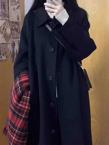 Черное шерстяное пальто, куртка, демисезонный длинный пуховик, увеличенная толщина, изысканный стиль, 2025 года, средней длины, подходит для подростков