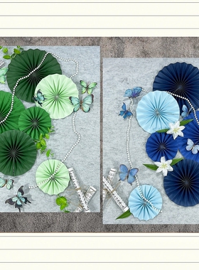 新中式蓝色绿色系扇花折扇国风圆形花朵纸扇装饰布置教室屋顶吊饰