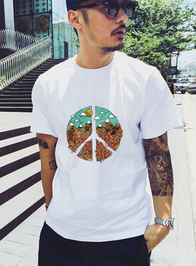 HANDIAN潮牌短袖t恤男夏季圆领日系沙滩情侣宽松大码纯棉半袖衣服