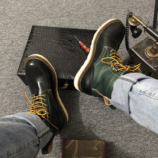 阿美咔叽美式马丁靴复古工装高帮短靴冬季手工伞降皮鞋圆头系带牛