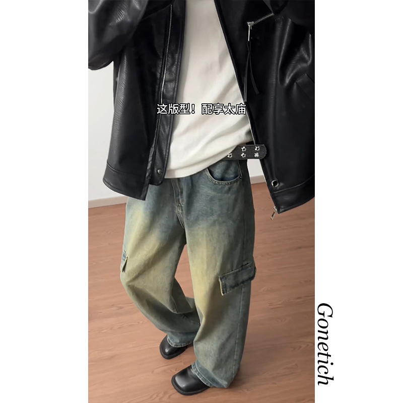美式复古蓝工装牛仔裤男秋季潮牌高街vibe裤子cleanfit阔腿直筒裤，男装牛仔裤，星座511-1