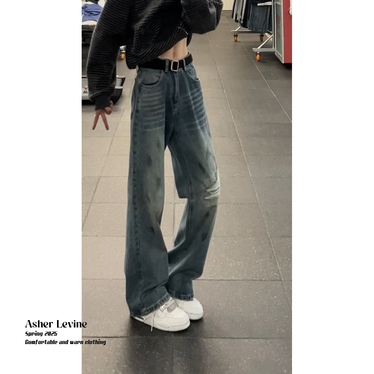 美式复古假破洞牛仔裤男秋季新款cleanfit宽松直筒裤男生百搭裤子,男装牛仔裤,星座511-1