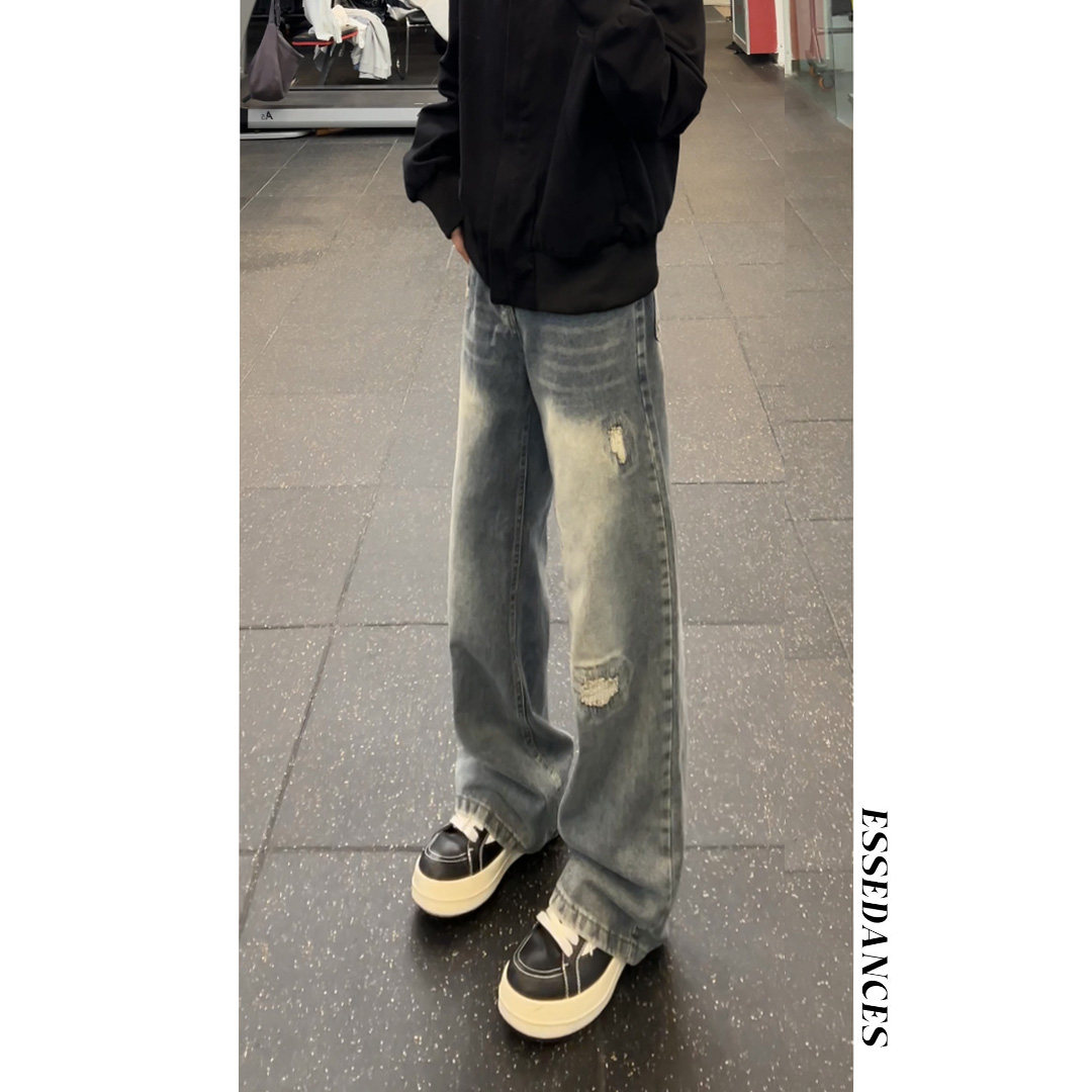 美式设计感破洞牛仔裤男高街做旧水洗vibe宽松直筒裤子,男装牛仔裤,星座511-1