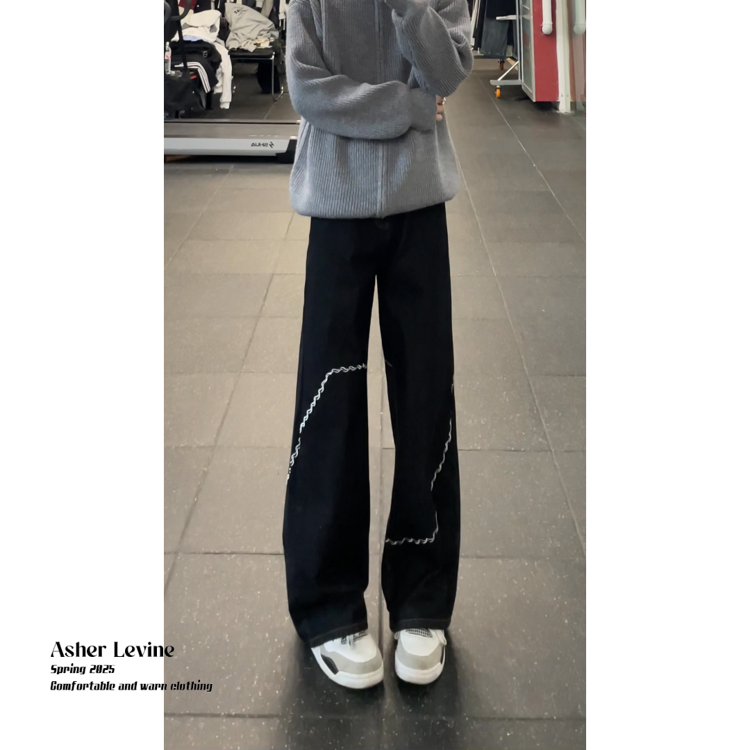 美式潮牌小众设计刺绣黑色牛仔裤男显腿长阔腿裤慵懒复古直筒裤子,男装牛仔裤,星座511-1