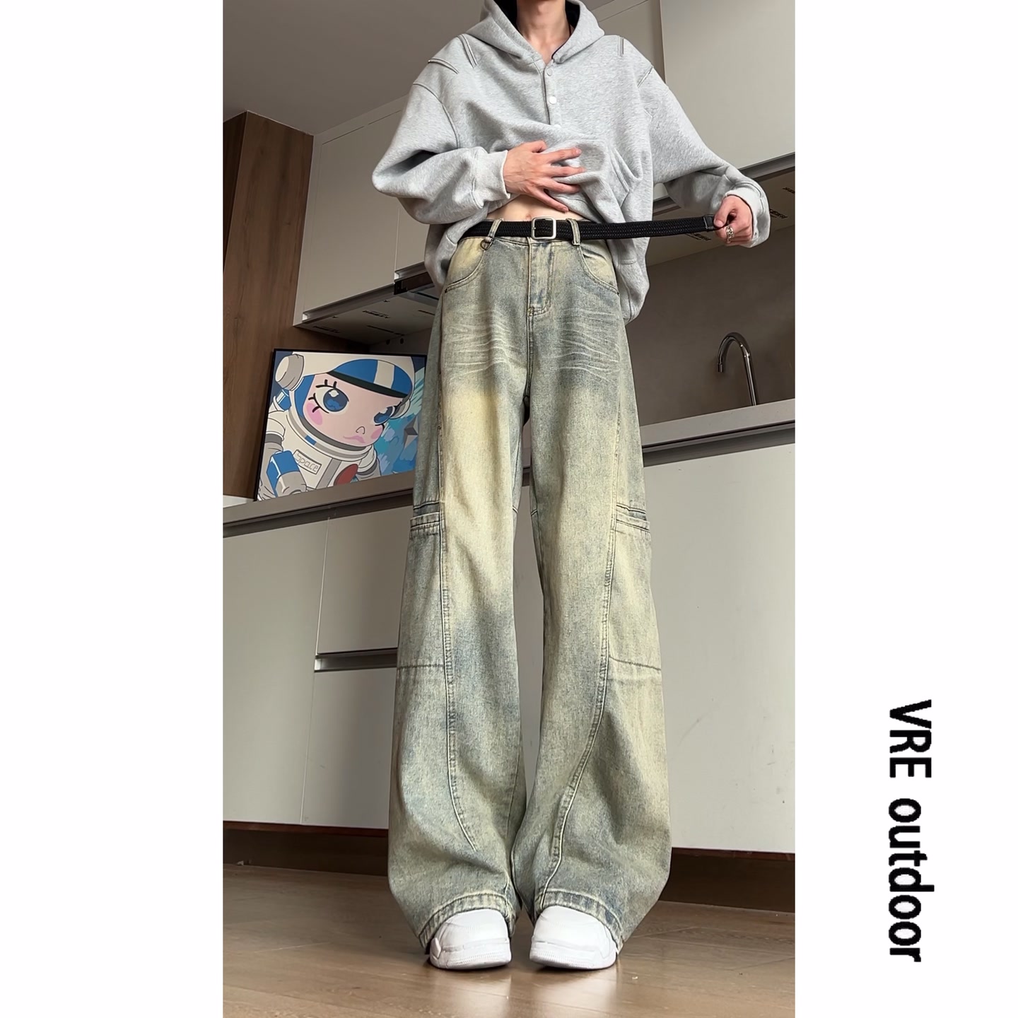 美式新款潮流水洗直筒阔腿工装牛仔裤男女设计感拼接做旧休闲长裤，男装牛仔裤，星座511-1