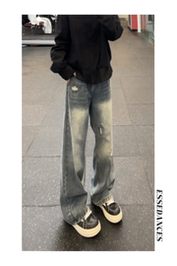 美式设计感破洞牛仔裤男高街做旧水洗vibe宽松直筒裤子图片