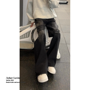 美式vibe高街做旧假破洞牛仔裤男款潮牌复古水洗宽松百搭直筒长裤图片
