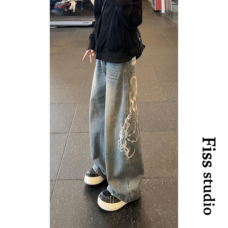 美式街头刺绣弯刀牛仔裤男女高街复古水洗百搭宽松休闲阔腿裤,男装牛仔裤,星座511-1