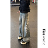 美式街头刺绣弯刀牛仔裤男女高街复古水洗百搭宽松休闲阔腿裤，男装牛仔裤，星座511-1