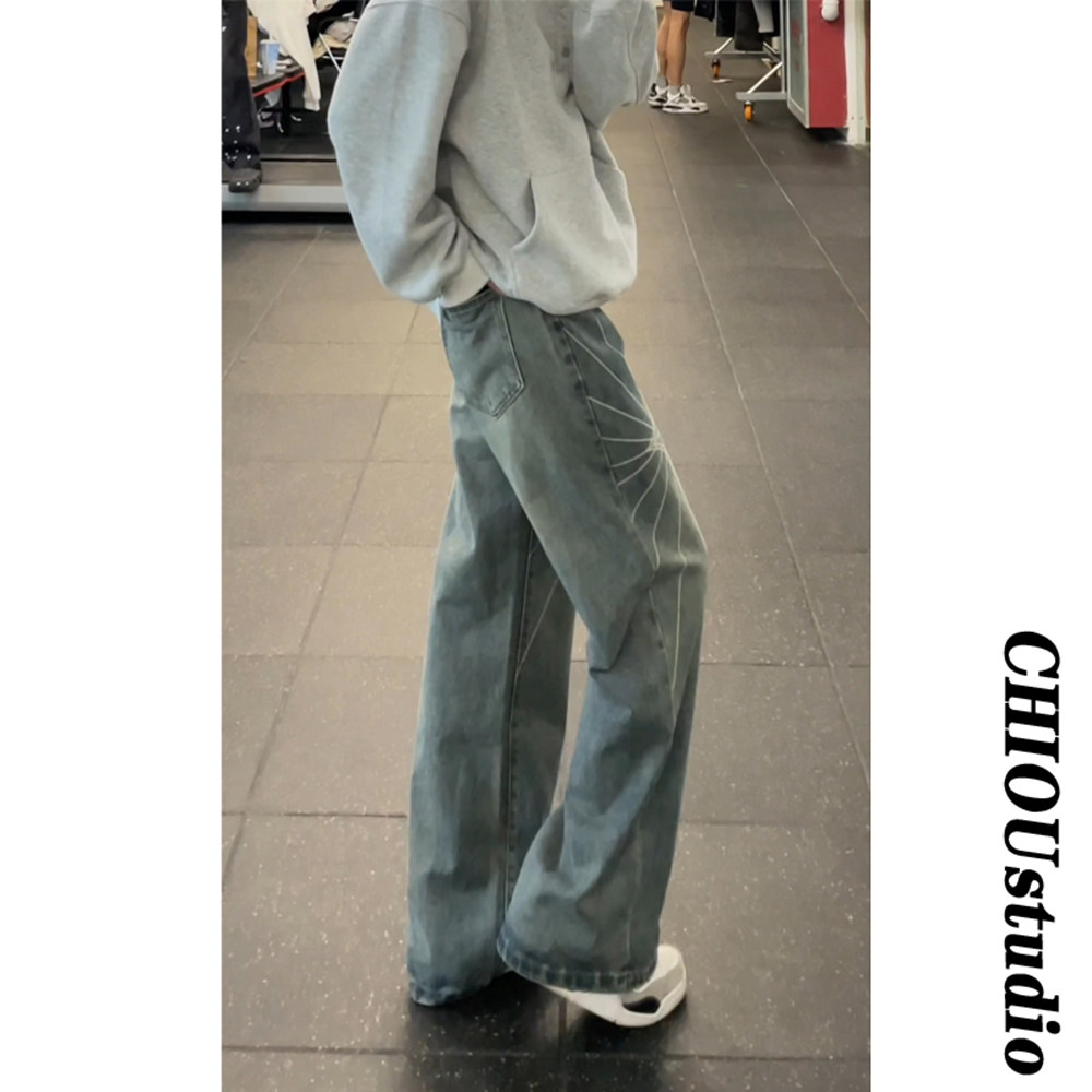 美式高街Vibe潮牌蜘蛛网中腰宽松牛仔裤男刺绣水洗垂感休闲阔腿裤,男装牛仔裤,星座511-1