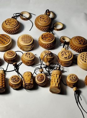 实心竹根雕刻香囊手把件文玩复古罐收藏挂件便携随身手工打磨文玩