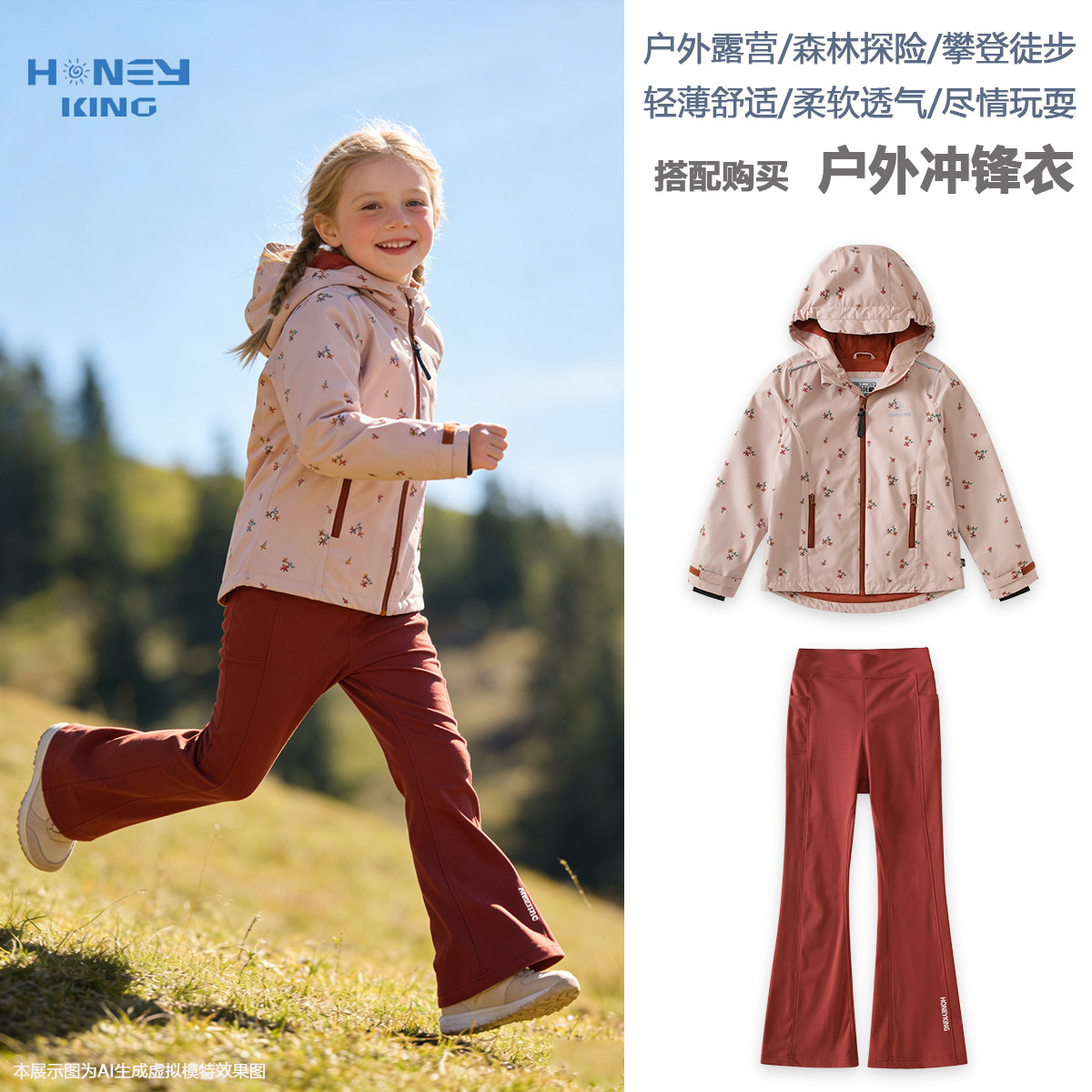 儿童春秋户外冲锋衣外套女大童软壳抓绒薄款休闲夹克瑜伽裤套装