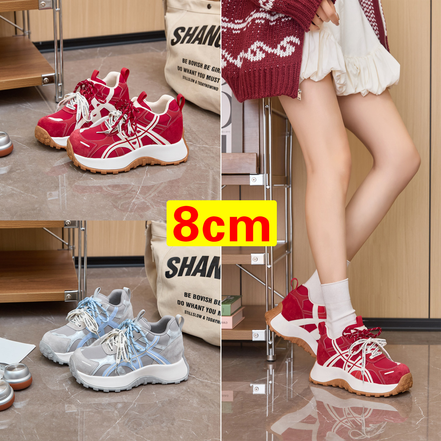 老爹鞋女2026新款轻便软底超轻小个子增高厚底运动休闲鞋红色鞋子