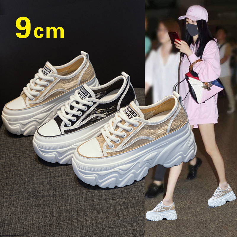 网纱真皮内增高女鞋厚底夏季网鞋女透气薄款网面夏天配裙子的鞋子