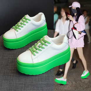 显高鞋 松糕鞋 显瘦休闲小白鞋 韩版 子女 女8cm厚底增高真皮绿色女鞋