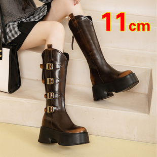 小个子擦色靴子女10cm超高跟骑士靴33码西部牛仔靴厚底高筒靴长靴