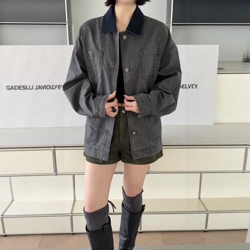 妍西家 诗歌兰女装26秋款61582时尚水洗灰拼色领牛仔外套宽松休闲