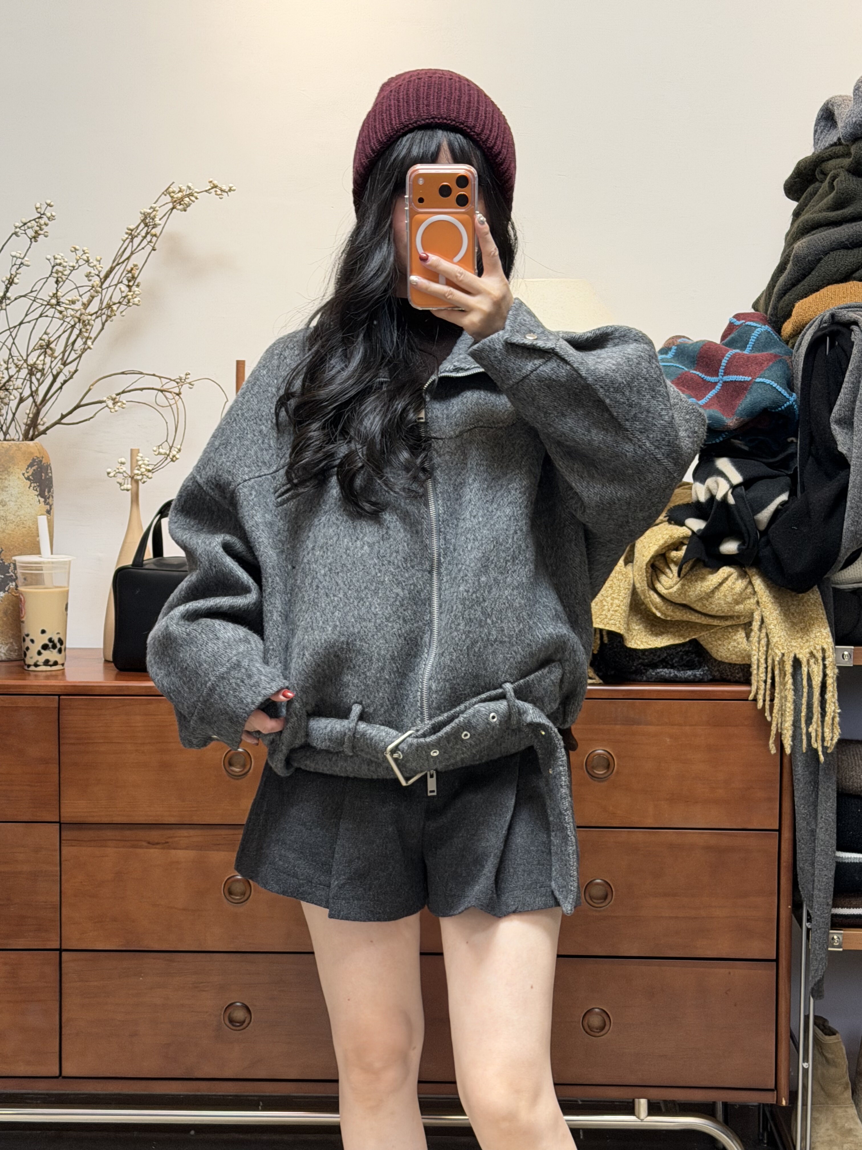 妍西家 Second  2nd冬款时尚气质灰色翻领下绑带机车 拉链外套女