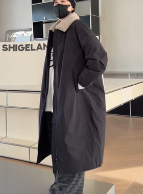 妍西家 诗歌兰女装25冬款25203时尚黑翻领长款可脱卸毛领鹅绒外套