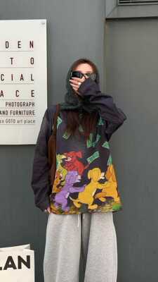 妍西家 诗歌兰女装26冬款Z46百搭气质印花狗狗图案长袖宽松T恤女