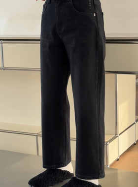 妍西家 诗歌兰女装25冬款15083百搭黑色加绒刺绣字母显瘦烟管裤女