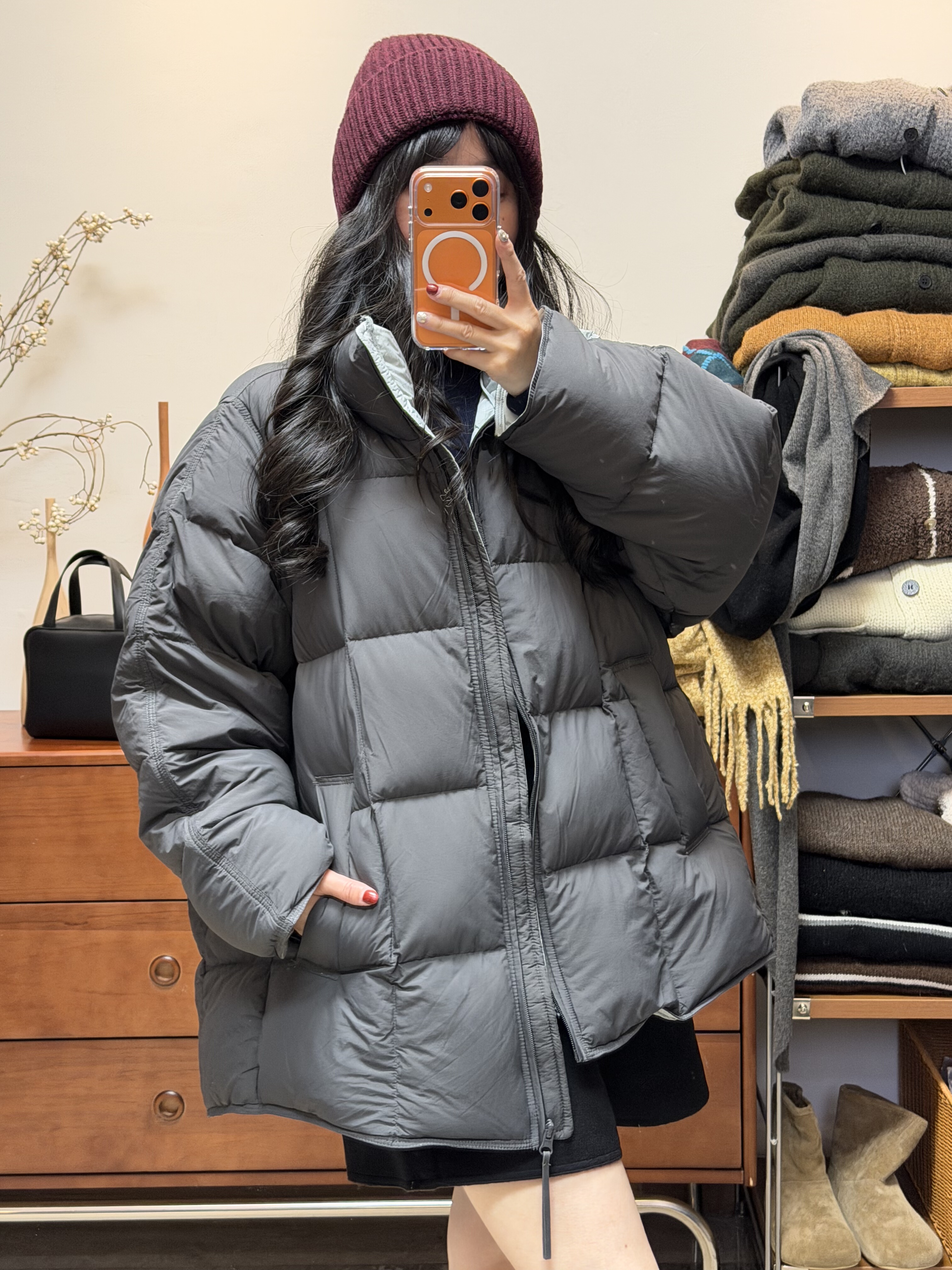 妍西家 Second  2nd冬款时尚百搭深灰立领方块拉链宽松羽绒服外套