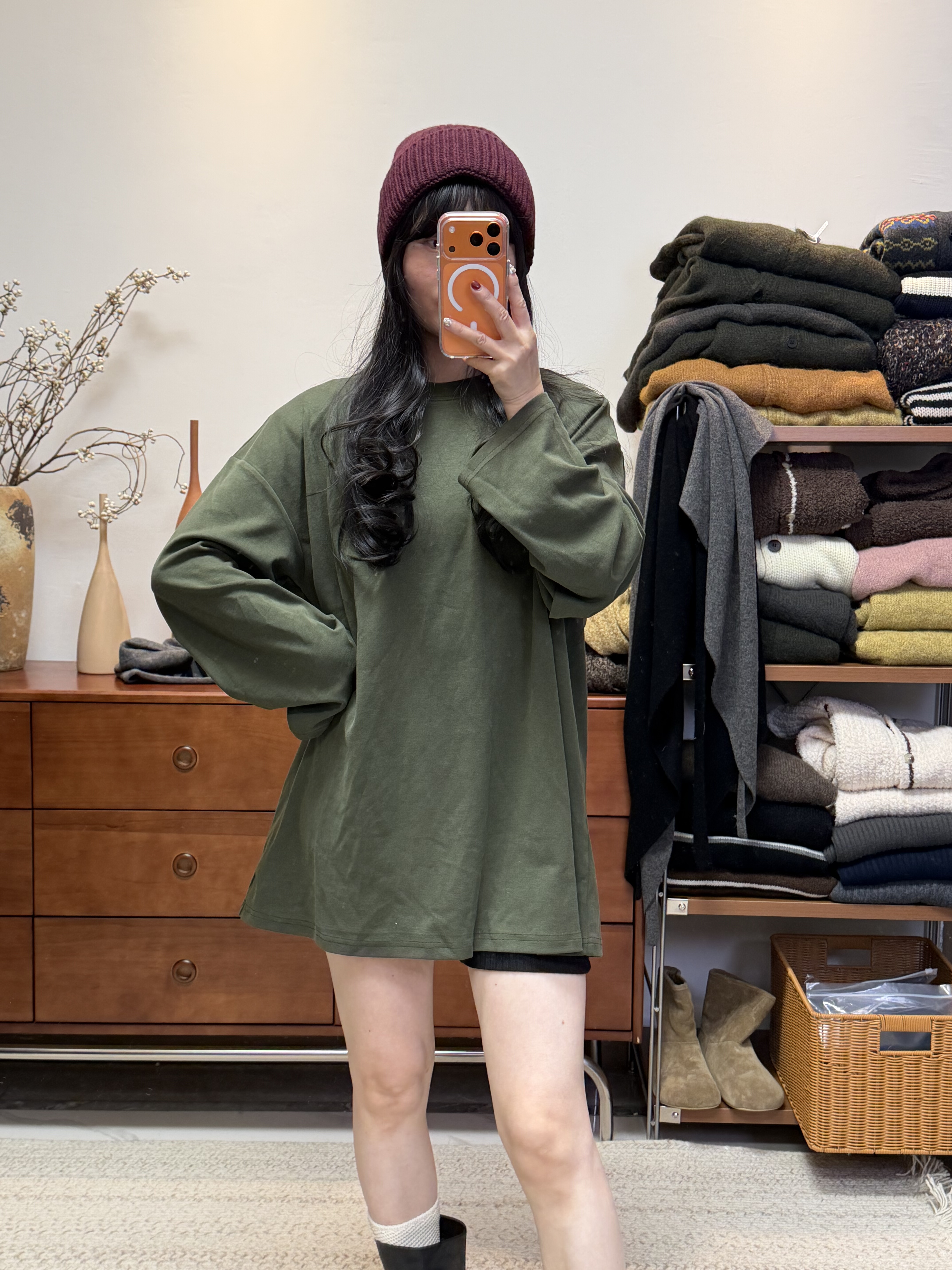 妍西家 Second  2nd25冬款时尚军绿中长款垫肩磨毛慵懒风长袖T恤