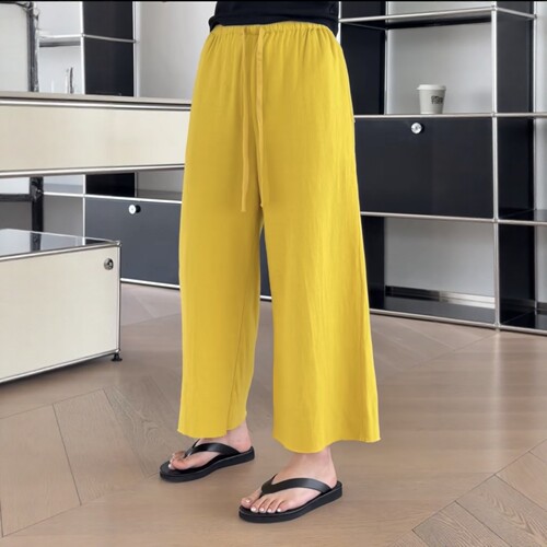 妍西家 诗歌兰女装26夏款4724时尚黄色松紧腰抽绳麻料休闲裤可退