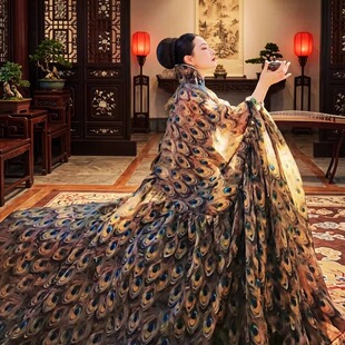 我是朱丽叶原创全真丝提花欧根缎凤仙领孔雀女王衣