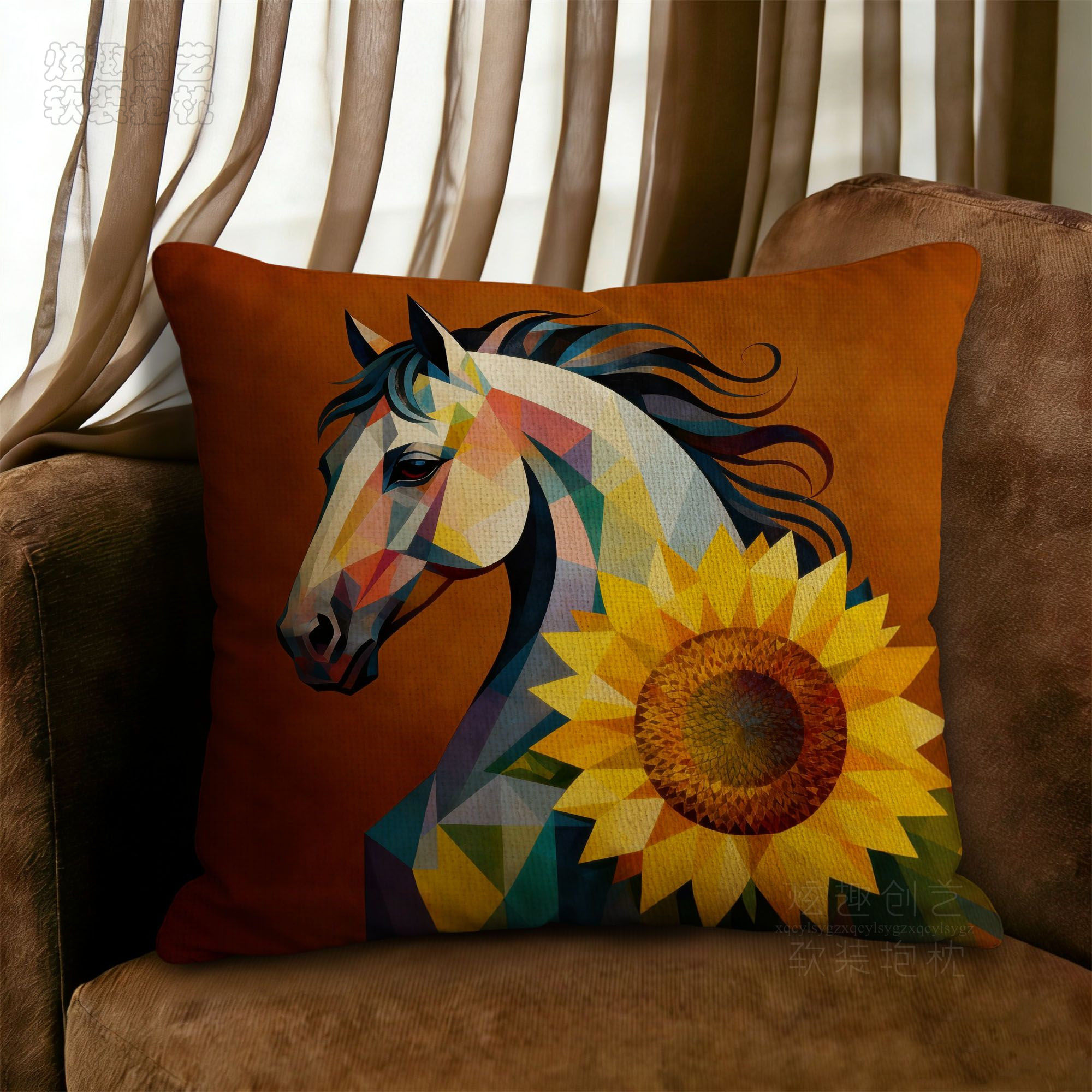 个性唯美吉祥向日葵马高档外贸棉麻抱枕套不含芯客厅沙发飘窗靠垫