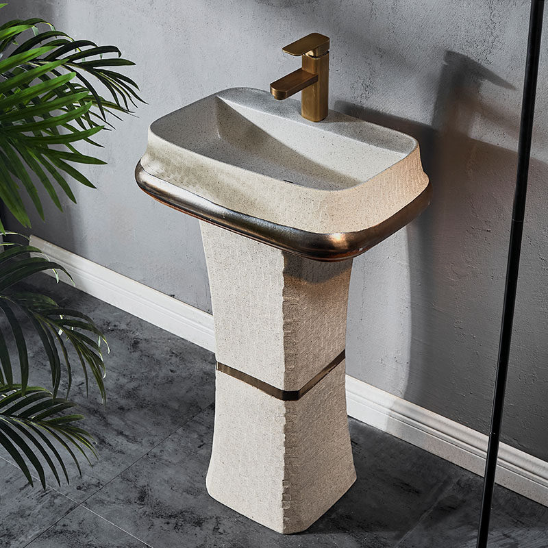 艺术石头洗手盆卫生间立柱盆庭院复古洗脸盆金边洗手池户外洗手台