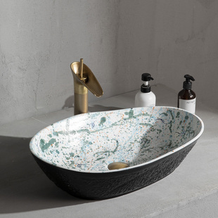 景德镇艺术彩绘台上盆椭圆形陶瓷洗手盆设计师高级感卫生间洗脸盆