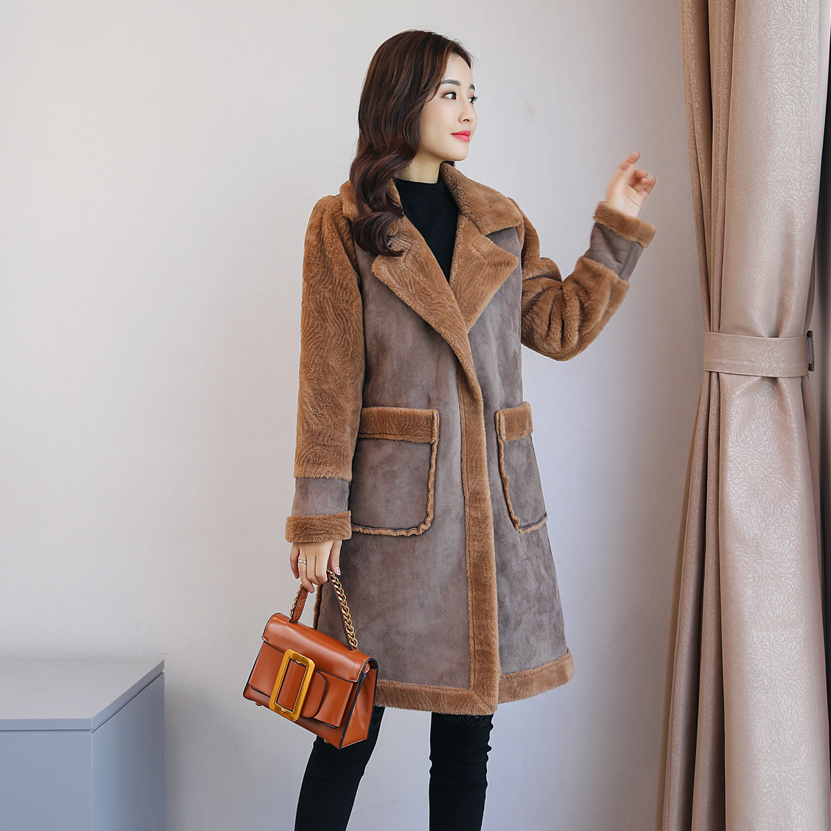 【品牌清仓 售完不补】冬季加绒加厚修身长袖拼接大衣女轻熟OL风