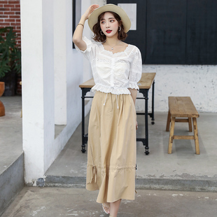 【品牌清仓 售完不补】蕾丝方领上衣+夏季中长款裙女两件套 套装