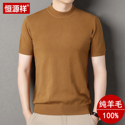 恒源祥男士羊毛衫半高领短袖秋冬中青年羊绒男毛衣半袖针织打底衫