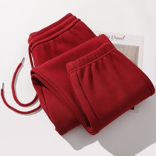 酒红运动裤女春秋薄款小个子2025新款加绒休闲冬季大码宽松卫裤女
