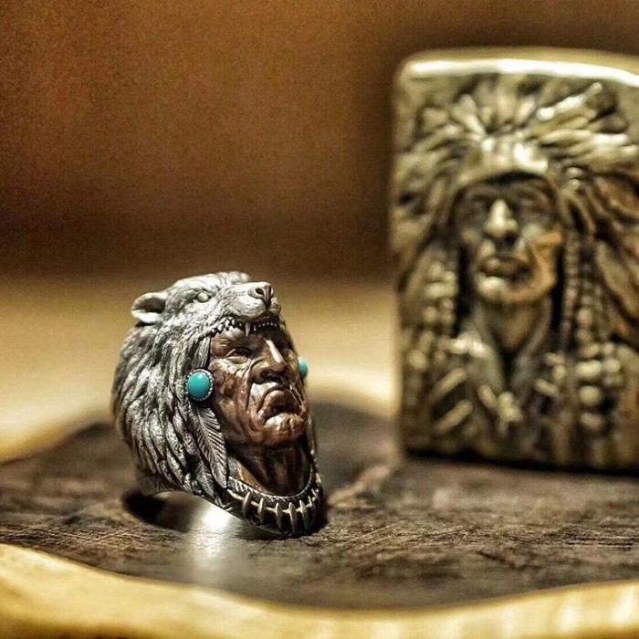 vulcan复古925银印第安勇士戒指纳瓦霍黄铜绿松石狼头伏尔甘戒指