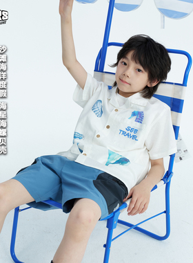 NMQC◆【度假海洋风短袖】白色亚麻棉薄凉感儿童衬衫