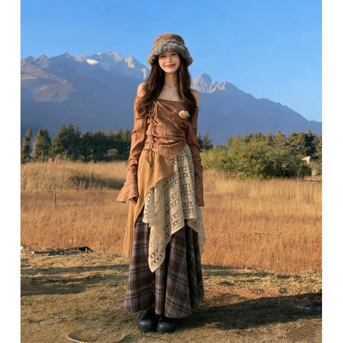 感旅游废土风显瘦穿搭连衣裙女春秋流行穿搭美拉德两件套套装
