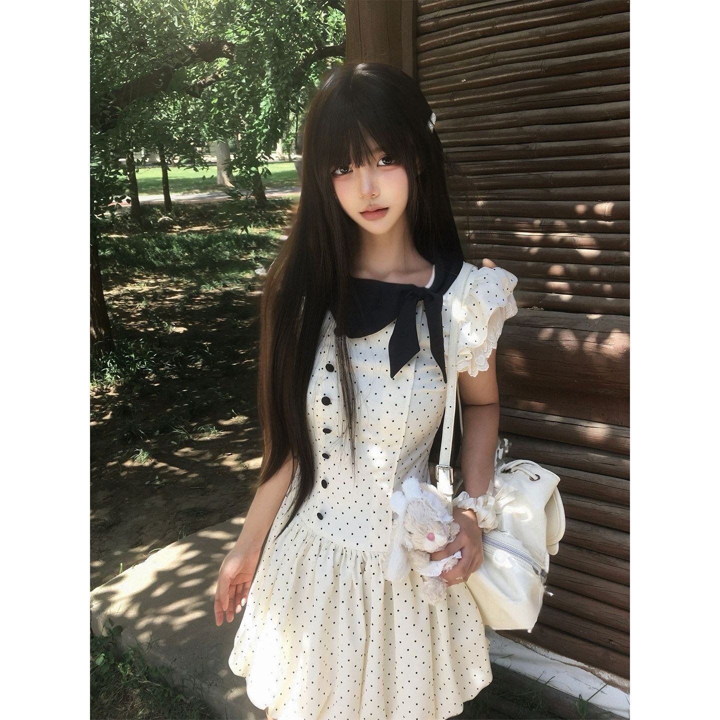 【双子星】韩系复古波点连衣裙夏季千金大小姐收腰泡泡袖花苞短裙