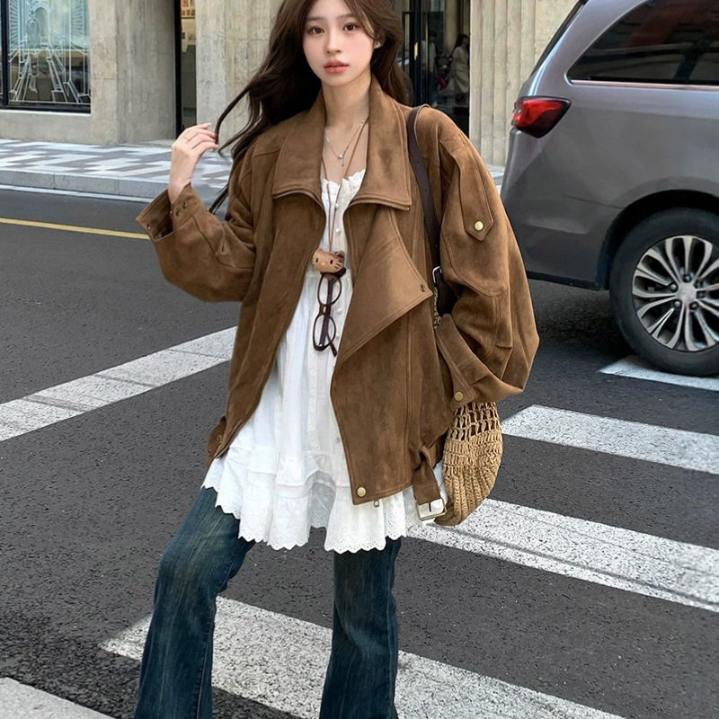 麂皮绒机车外套2026秋季复古美拉德休闲宽松慵懒翻领廓形感夹克女