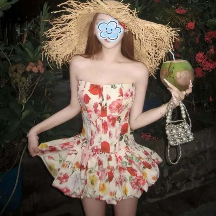【原版面料+防滑条 鱼骨】绝美碎花两件套裙修身抹胸上衣新款花苞