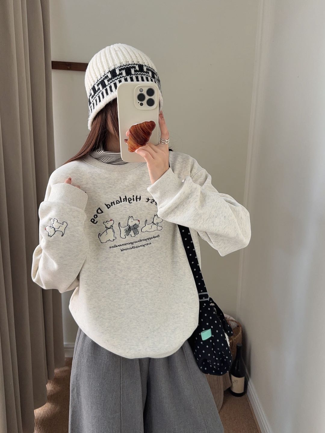 6529小狗刺绣条纹半高领加绒加厚卫衣女长袖韩版宽松百搭显瘦卫衣