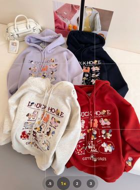 3773新年款小马刺绣加绒加厚连帽长袖卫衣宽松百搭休闲女套头卫衣