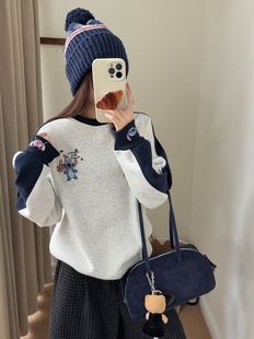 潮 百搭显瘦韩版 6518史迪仔刺绣加绒加厚圆领拼色长袖 卫衣男女同款