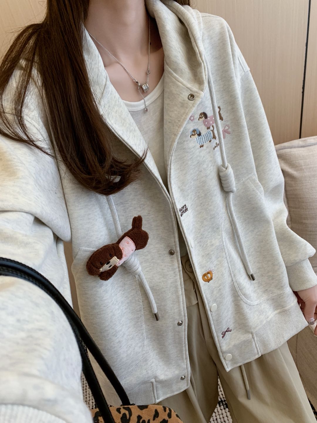 美式复古童趣腊肠狗刺绣开衫连帽外套女装2025秋冬设计感休闲百搭